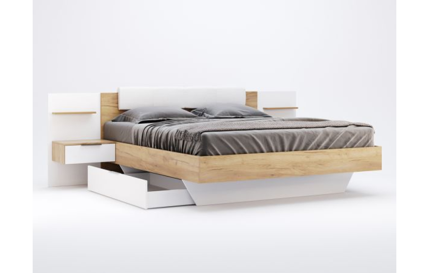 Ліжко двоспальне з м'яким узголів'ям та двома тумбами та ящиком Асті (без каркаса та матраца)MiroMark
