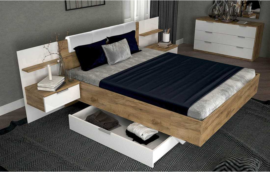 Ліжко двоспальне з м'яким узголів'ям та двома тумбами та ящиком Асті (без каркаса та матраца)MiroMark