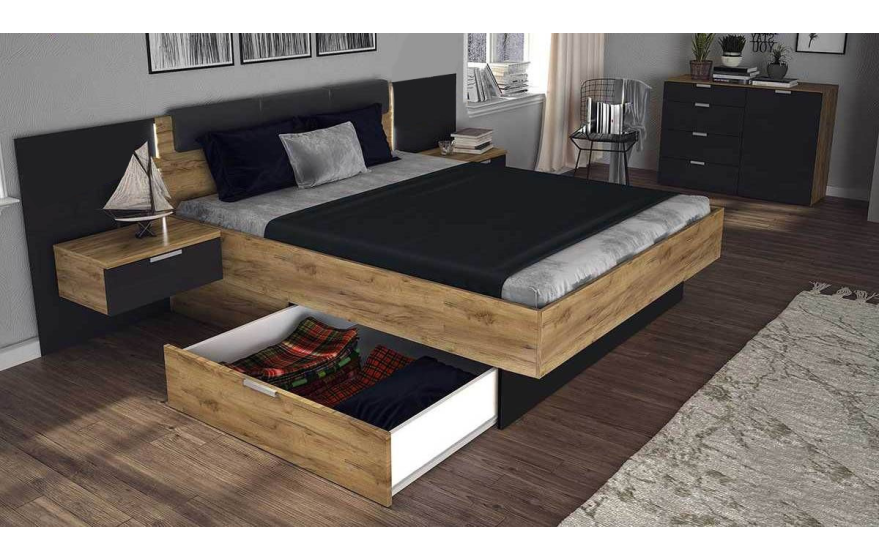 Ліжко двоспальне з м'яким узголів'ям та двома тумбами та ящиком Місяць (без каркасу та матраца)MiroMark