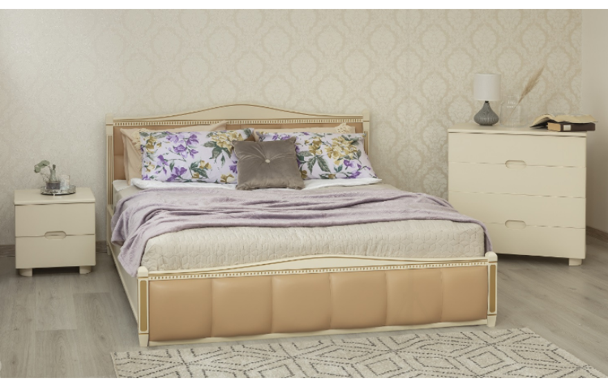 Деревянная кровать Прованс с патиной и фрезеровкой и мягкой спинкой квадраты и механизмом Олимп