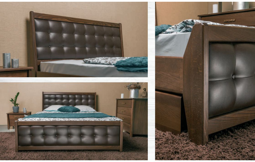 Деревянная кровать Сити Премиум с мягкой спинкой и ящиками Олимп